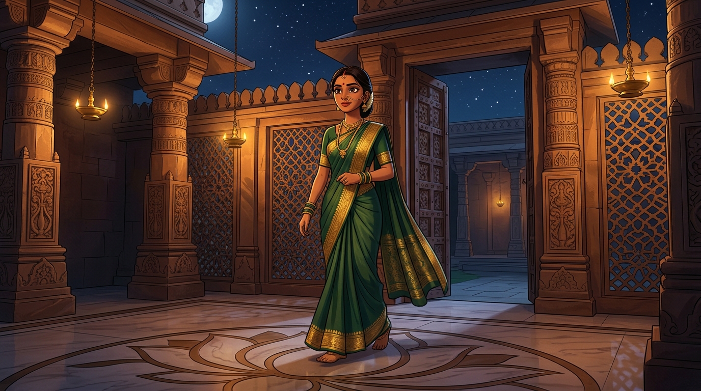 Prabhavati walking toward the courtyard gate with swift, confident steps under the moonlit sky