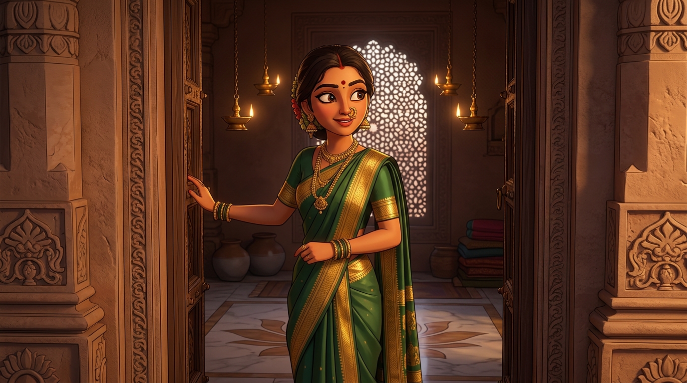 Prabhavati pausing on the doorstep with an amused smile