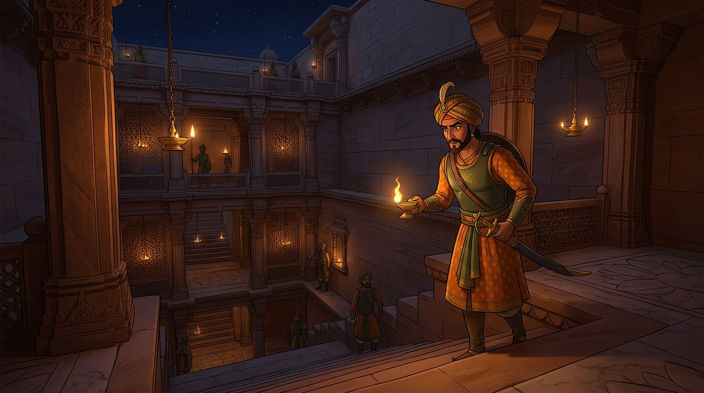 In ancient fortress of Champa, Captain Veerabhadra inspects sandstone stepwell at midnight