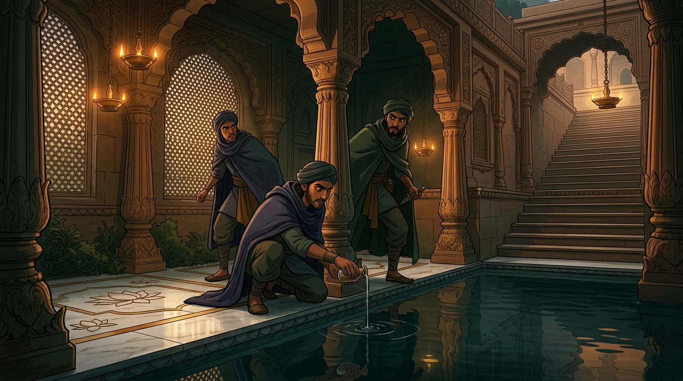 Enemy saboteurs secretly pouring a vial of colorless aconite venom into the stepwell