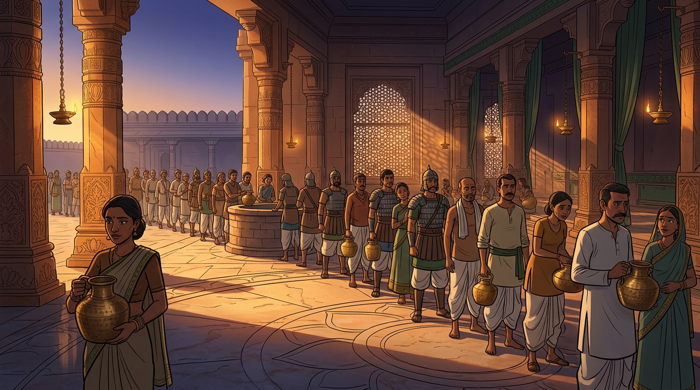At dawn, soldiers and citizens line up with brass jugs to drink the water
