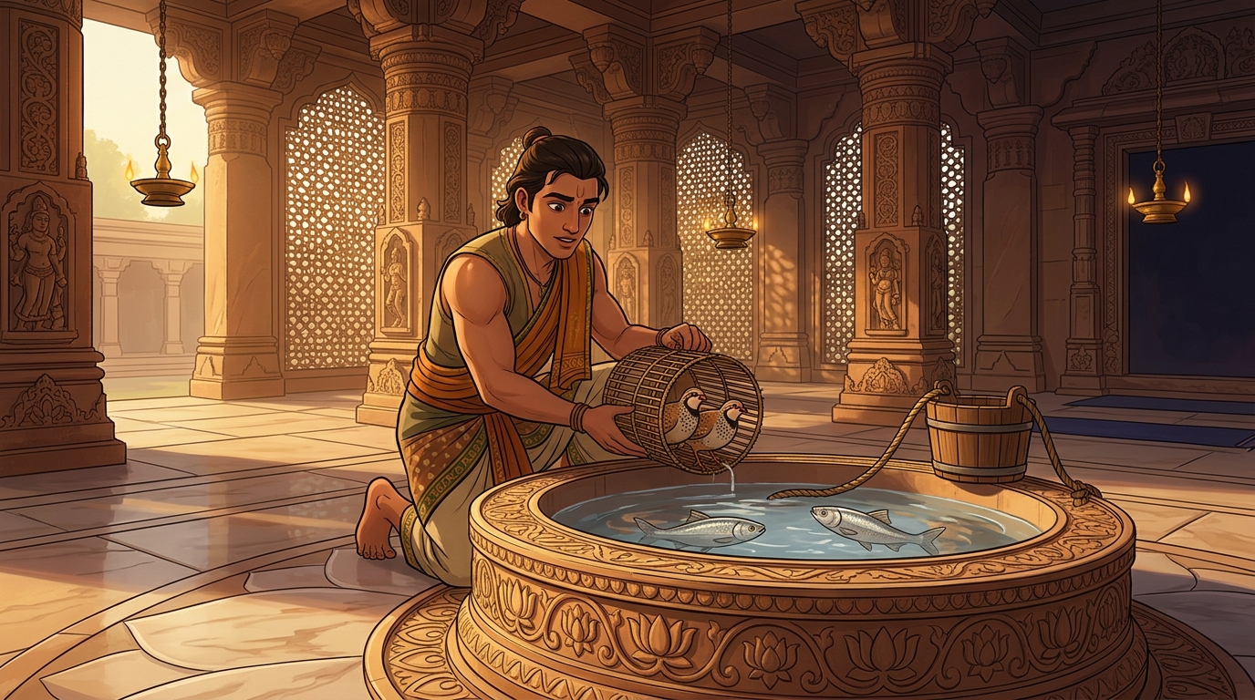 Veerabhadra draws water, releasing Chakora partridges and silver carp into a test basin