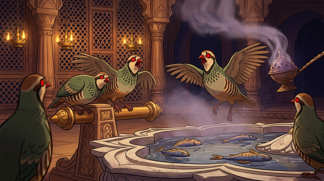 The Chakora birds' eyes turn blood-red and shriek, while test fish float upside down