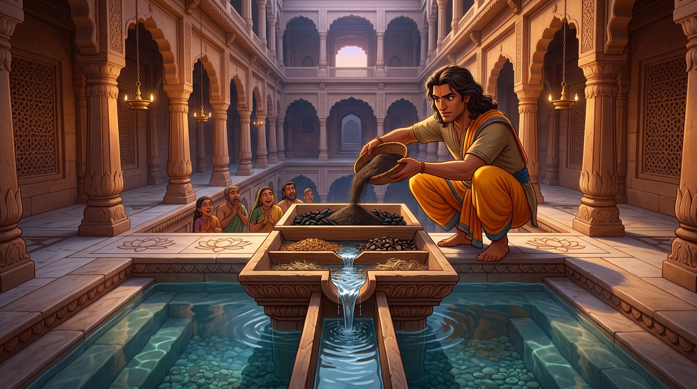 Veerabhadra uses activated charcoal and crushed Nirmali seeds to purify the stepwell