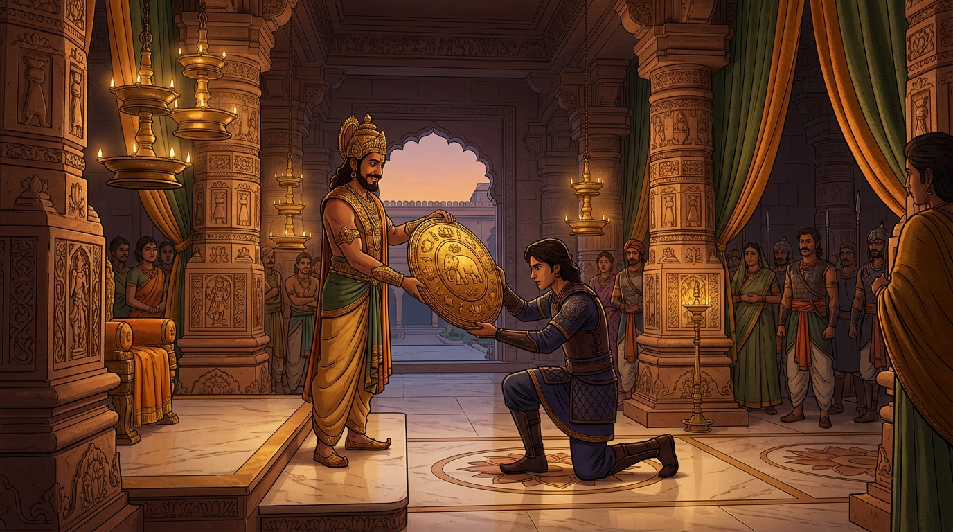 The King honors Captain Veerabhadra with Golden Shield of Champa for saving thousands