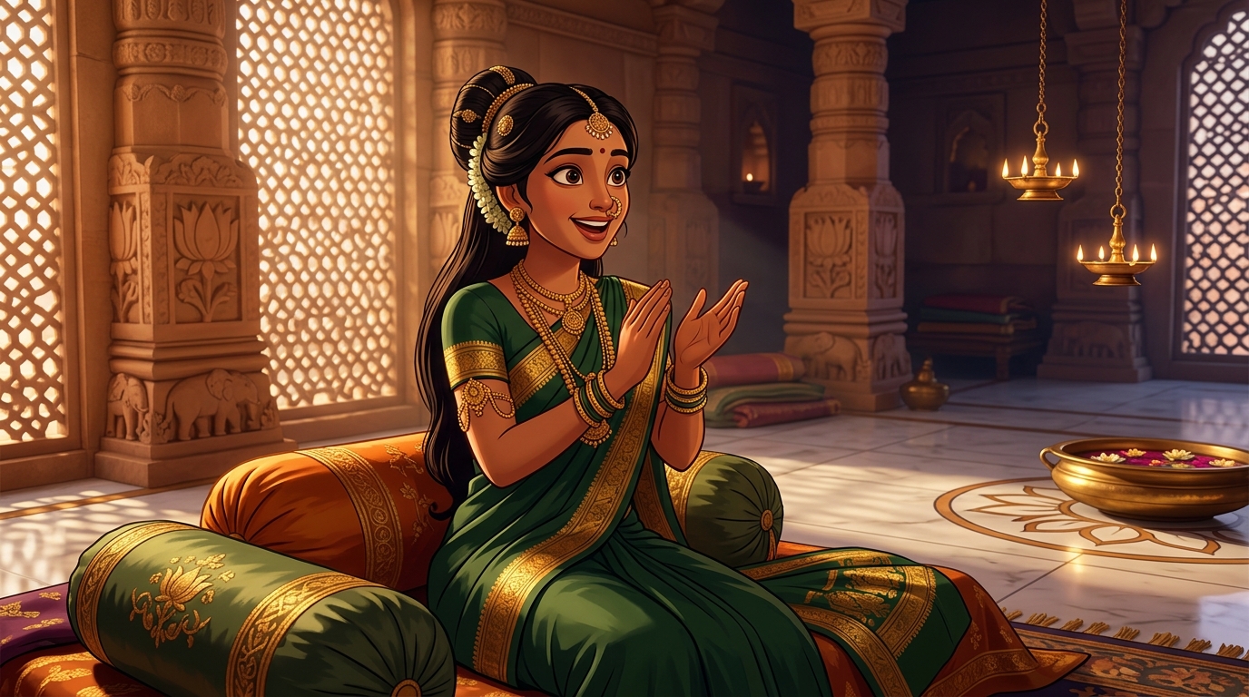 Prabhavati sitting on the silk bolsters, clapping in wonder at the bio-indicator test