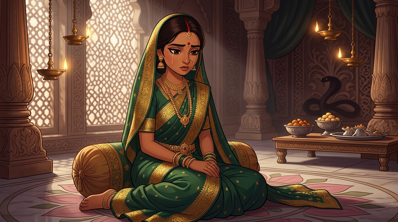 Prabhavati in deep contemplation, realizing sweet temptations conceal spiritual poison