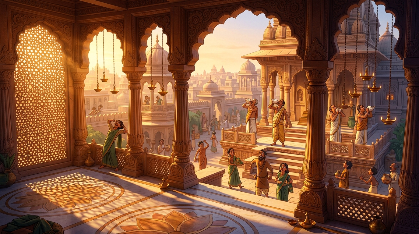 Golden dawn sunlight flooding across the sandstone arches as temple conches sound