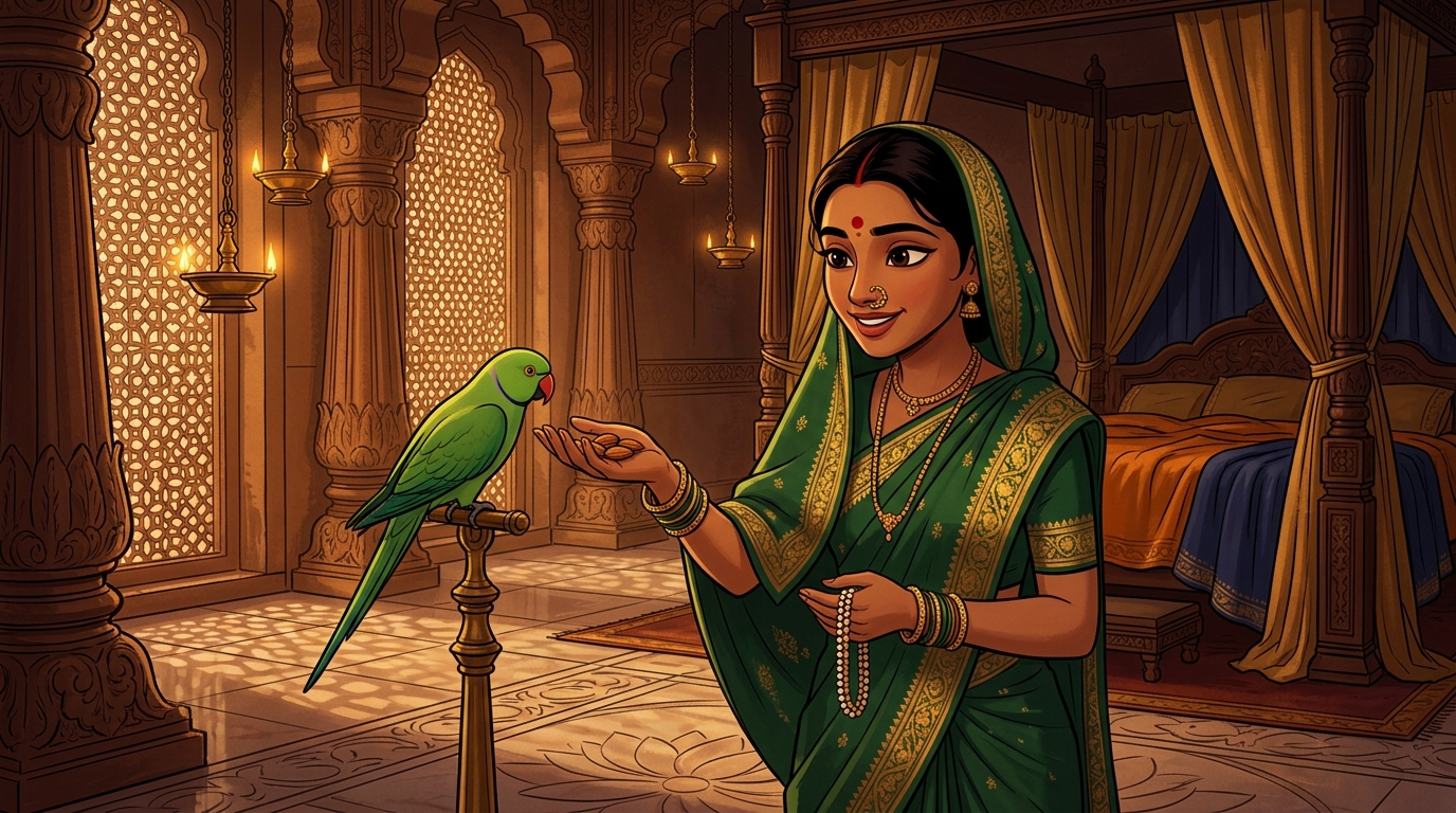 Prabhavati unclasps the pearl anklet, hands Shuka sweet almonds, retreats peacefully