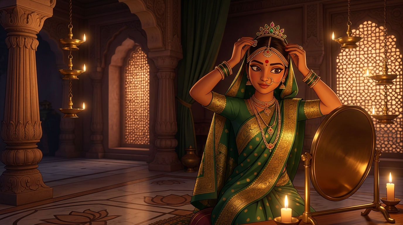 Prabhavati in solar saffron-and-gold silk fastening the crown brooch into her hair by candlelight