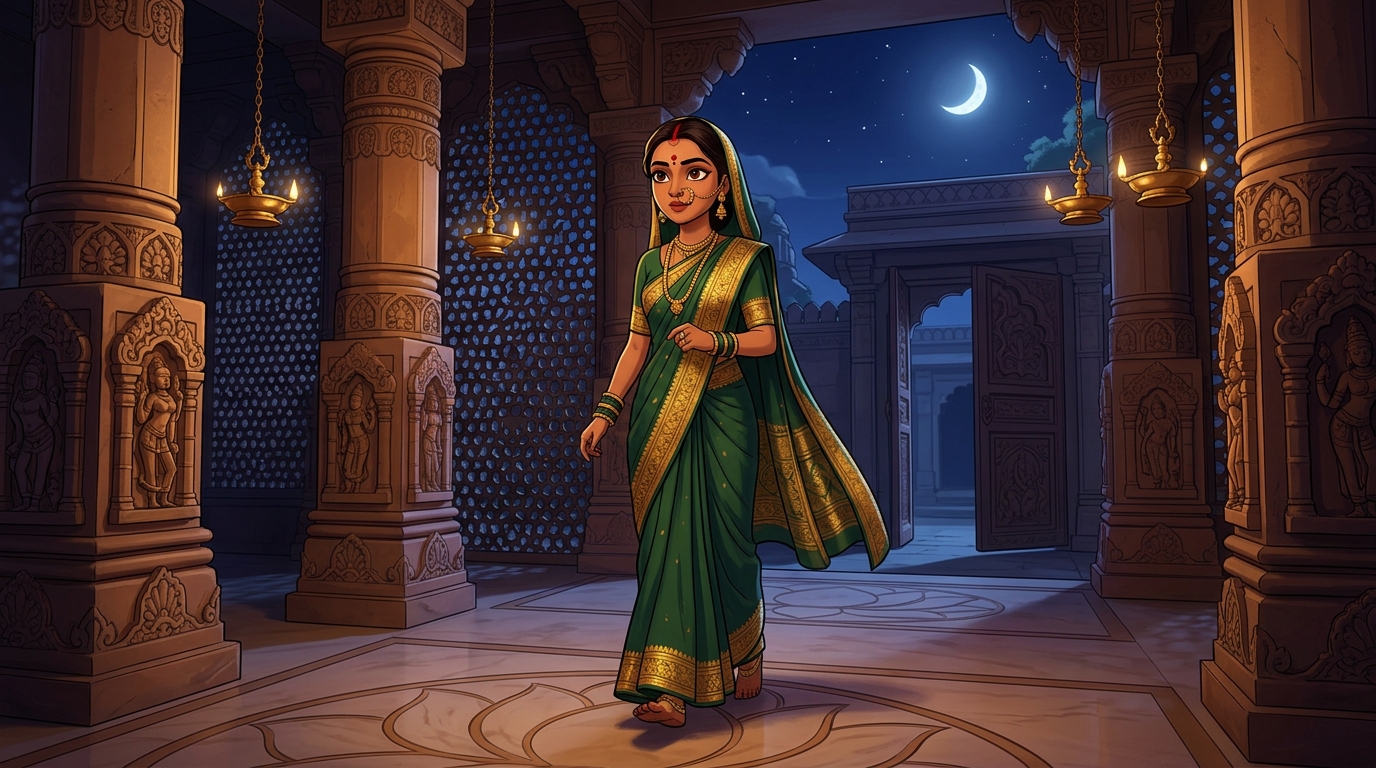 Prabhavati stepping toward the courtyard gate with swift, decisive steps under the moonlit sky