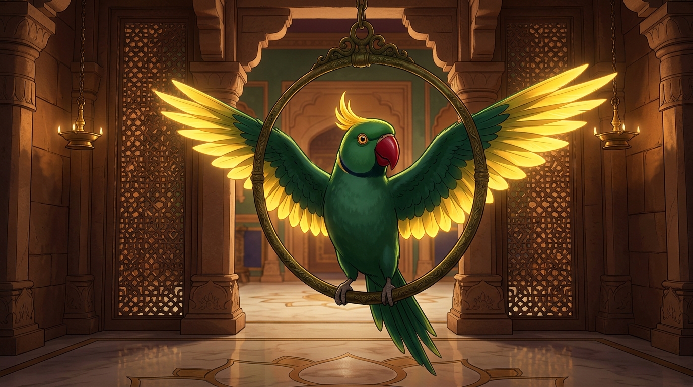 Shuka spreading his emerald wings with solar golden radiance from his swing