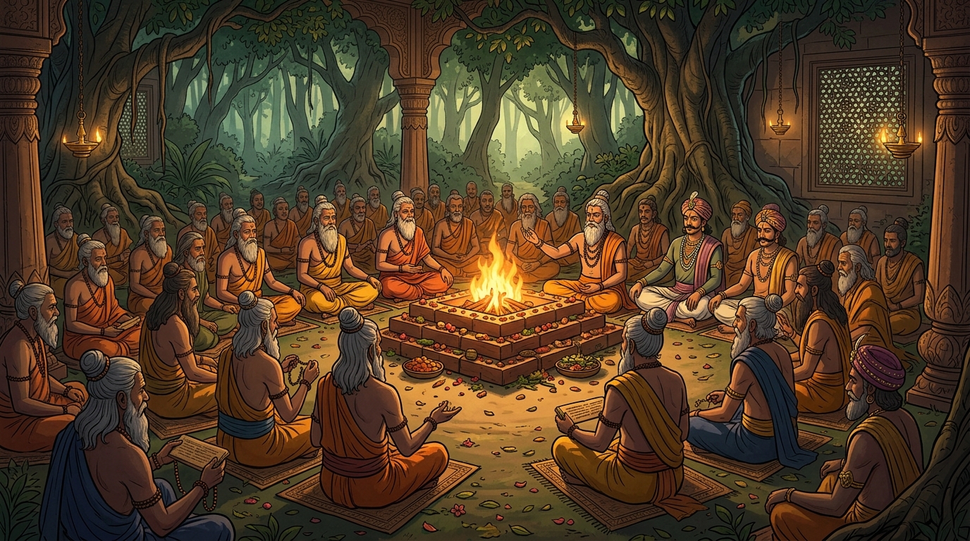 In sacred grove of Naimisharanya, 54 sages, scholars, and kings gathered around a fire altar