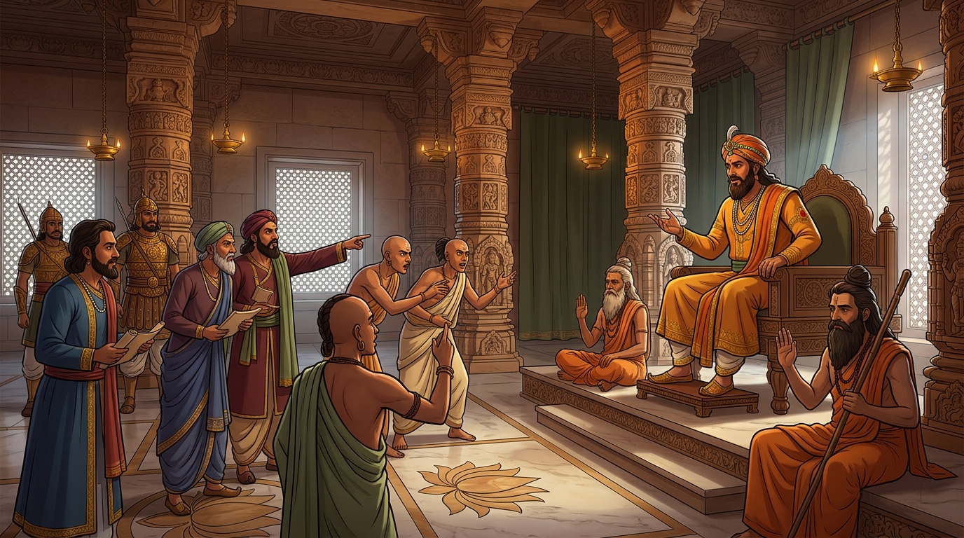 King Janaka and scholars debating passionately about wealth, armies, and logic