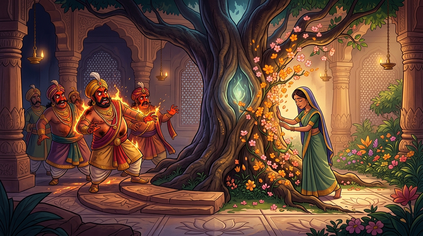 Devoted wife touches the tree, turning the barren forest into a garden of eternal blossoms