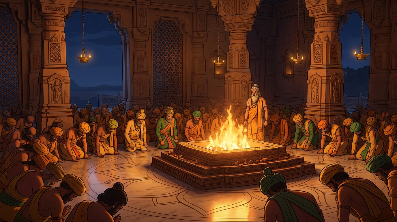 All 54 sages and kings bow their heads in unison before the sacred fire