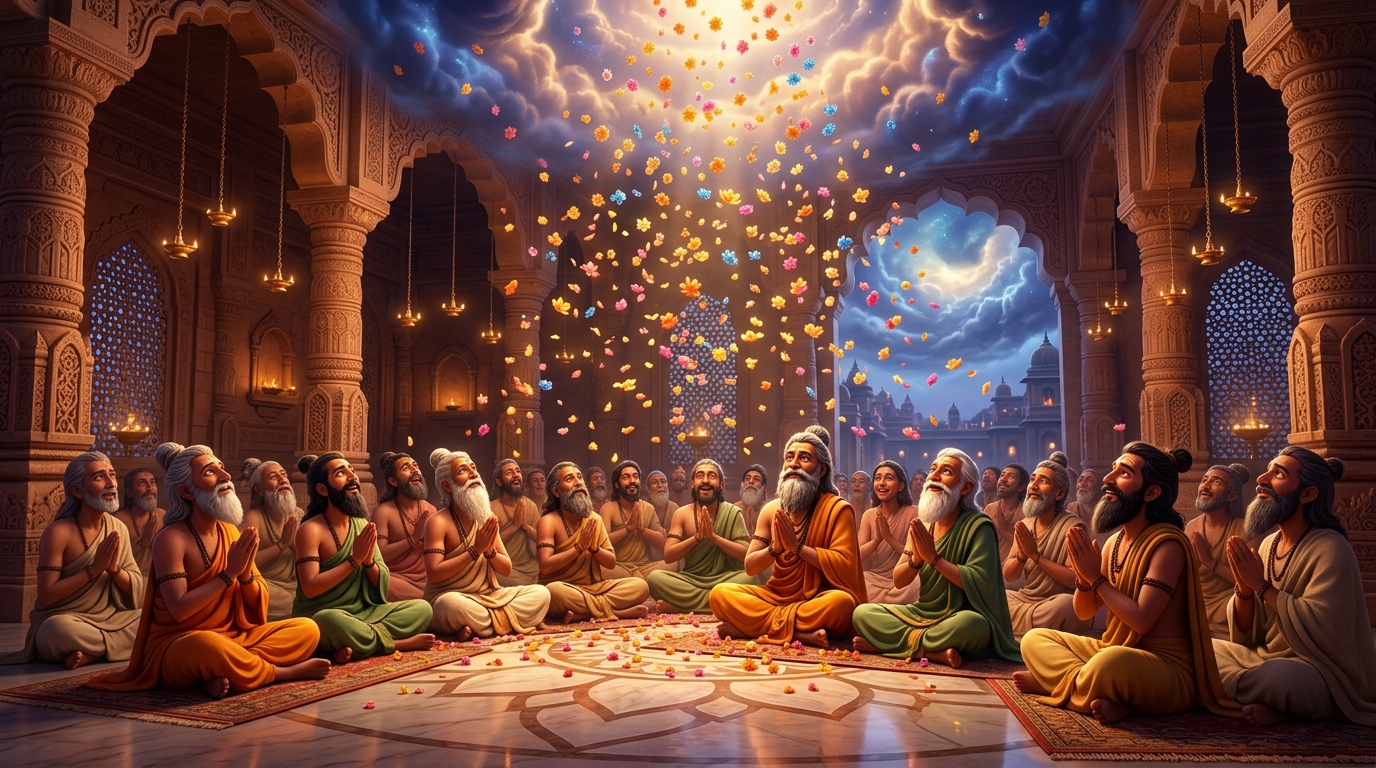 Heavenly flowers shower from celestial clouds onto the assembly of sages