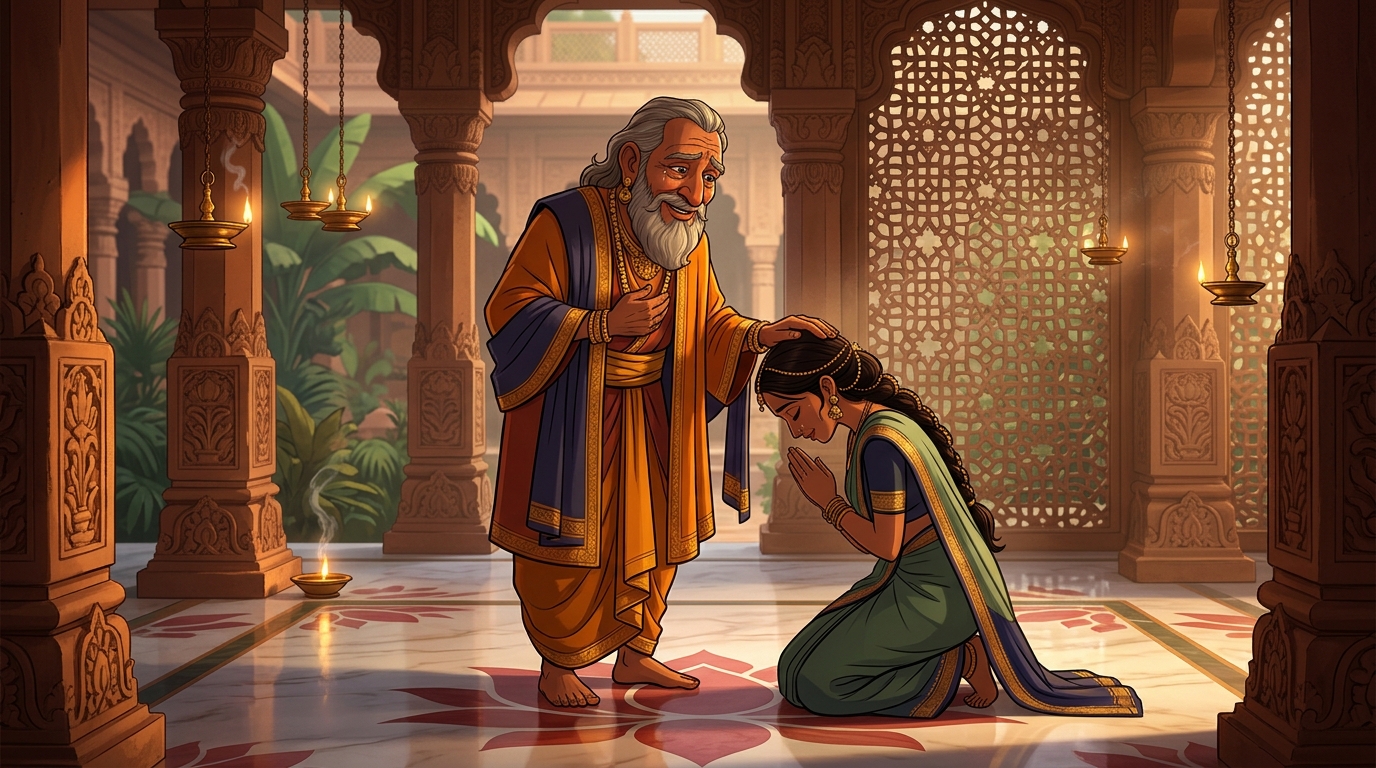 Patriarch Trivikrama appears on the veranda, smiling with tears of pride, blessing Prabhavati