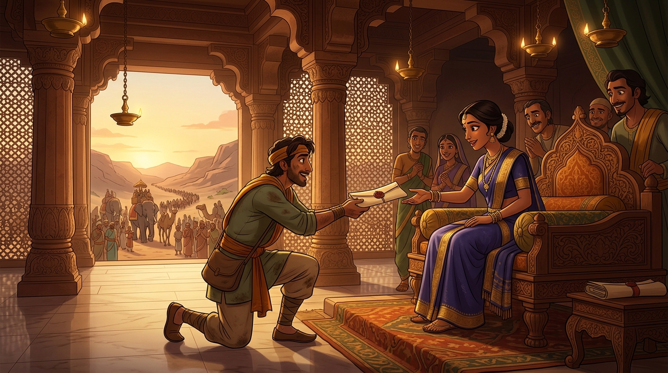 A royal letter arrives: Madanavinoda's caravan is crossing the border, returning in triumph