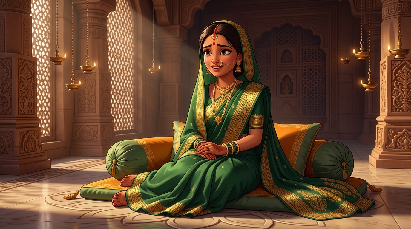 Prabhavati sitting on the silk cushions, weeping tears of spiritual awakening and gratitude