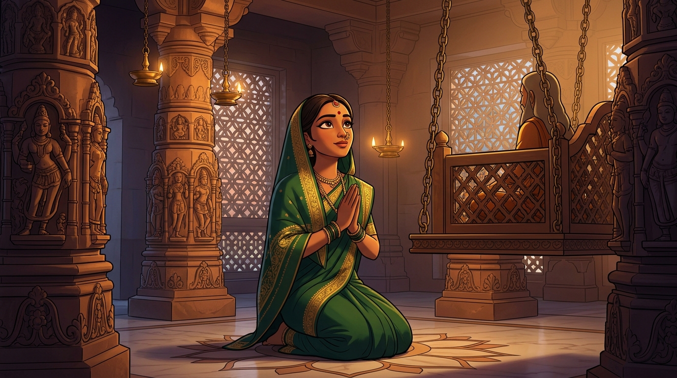 Prabhavati kneeling before Shuka's swing with folded hands in deep devotion