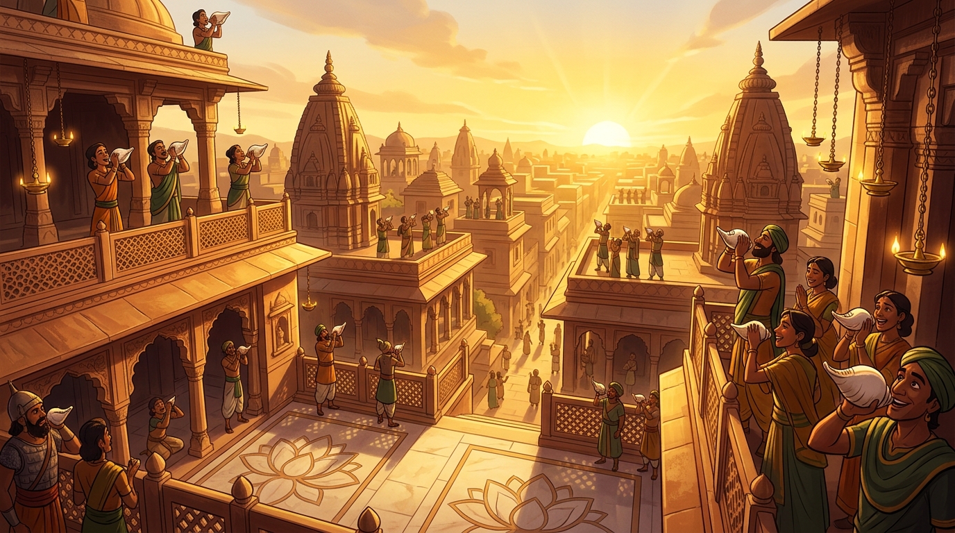 Glorious golden dawn floods Chandravati as 54 victory conches sound across the heavens