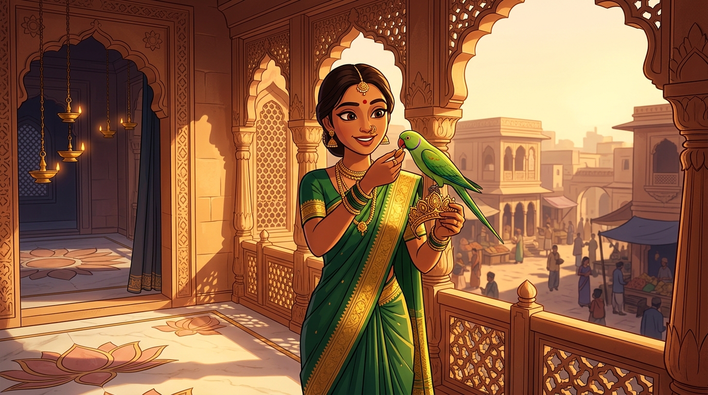 Prabhavati unclasps crown brooch, feeds Shuka sweet almonds, standing triumphant on balcony