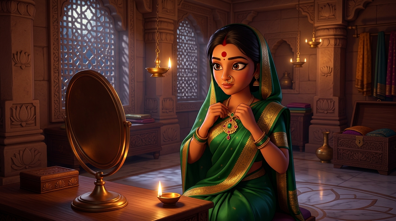 Prabhavati in emerald-green silk fastening the pendant around her neck by candlelight