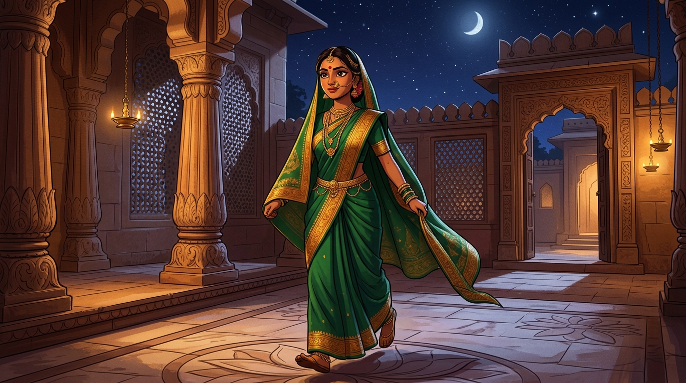 Prabhavati walking toward the courtyard gate with swift, confident steps under the moonlit sky