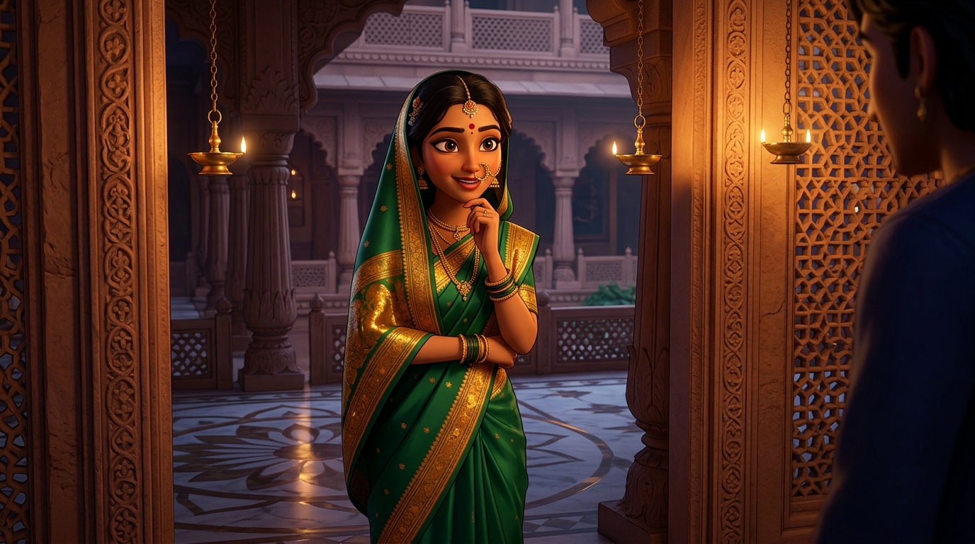 Prabhavati pausing on the doorstep with an amused smile