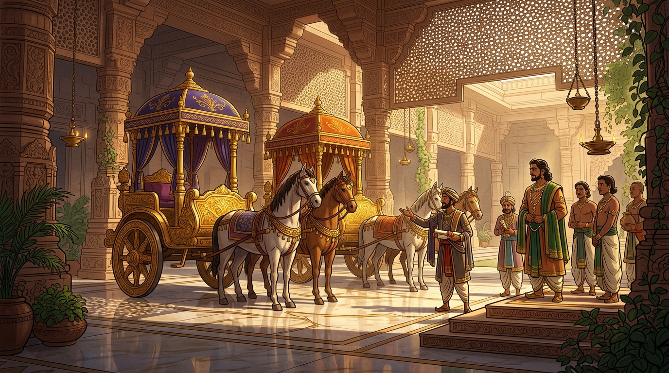 In palace courtyard of Gandhara, foreign envoys present two identical war chariots to Emperor Yashodharman