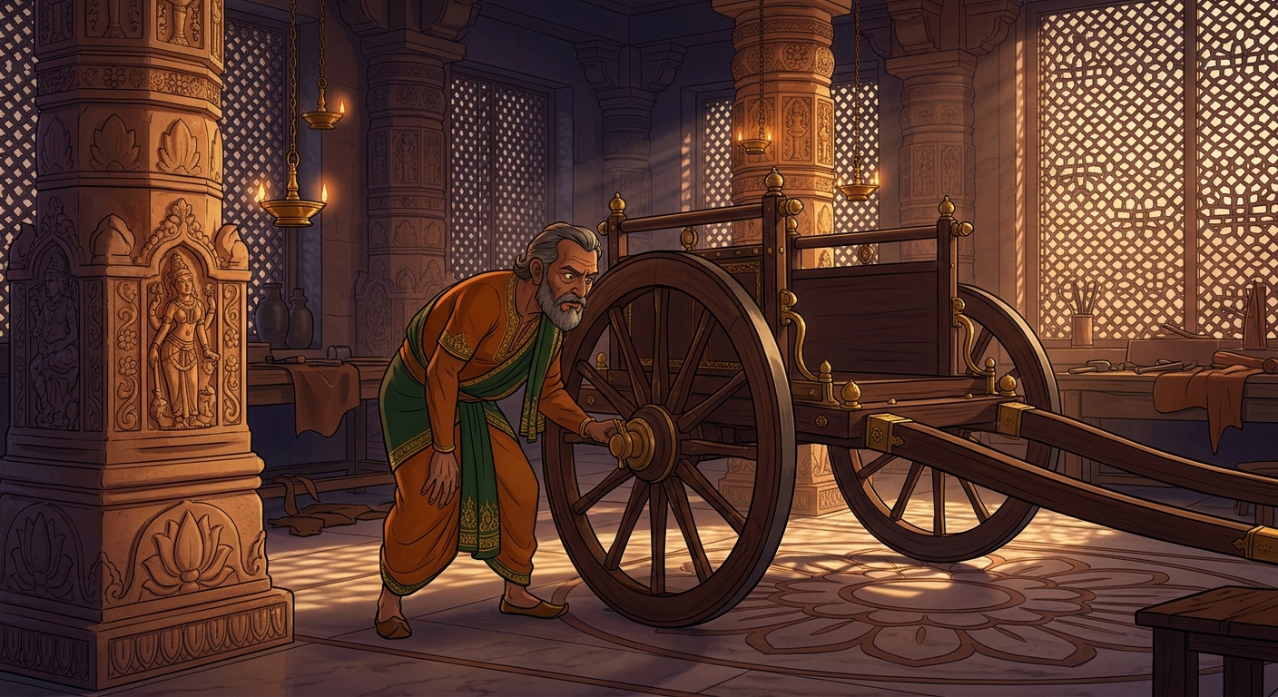 Master Charioteer Rathakara inspecting both chariots closely, noticing subtle anomalies