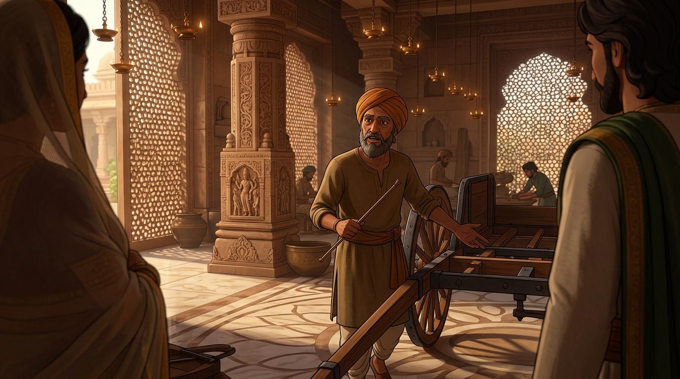 Rathakara steps forward with bronze tuning rod: 'A chariot's strength is in the unseen iron axle!'