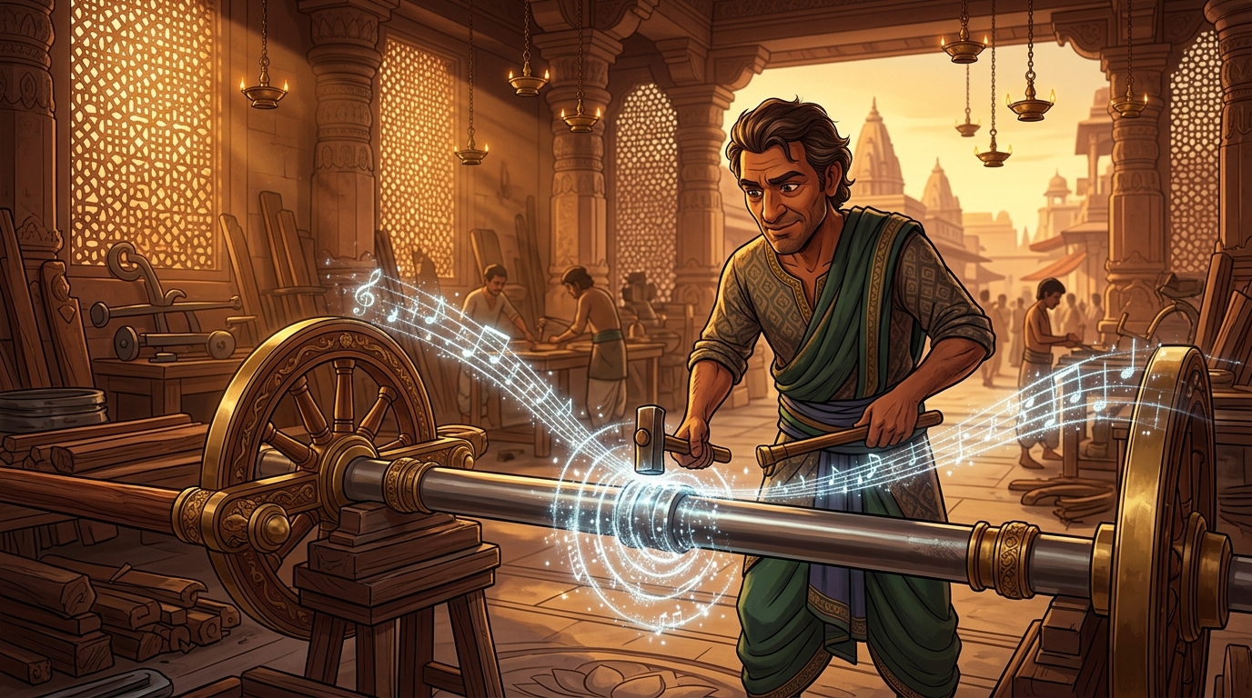 Rathakara strikes axle of Chariot A: it rings with a clear musical resonance of solid steel
