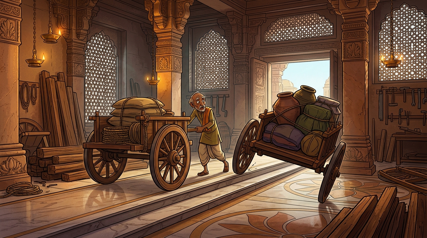 Rathakara rolls both loaded chariots down a marble incline: Chariot A rolls straight, B veers