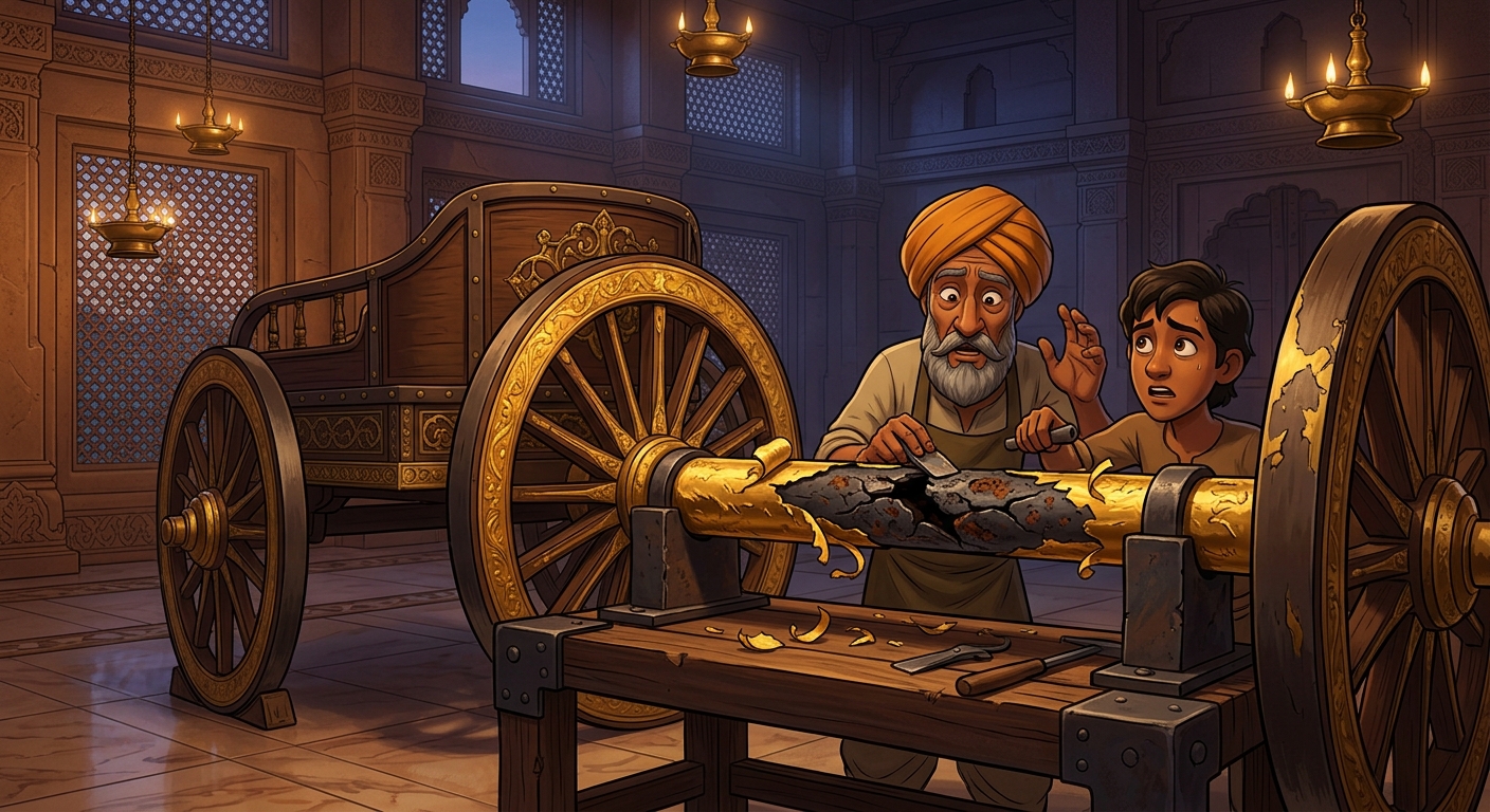 Blacksmiths scrape gold leaf of Chariot B's axle, exposing a brittle cracked iron core