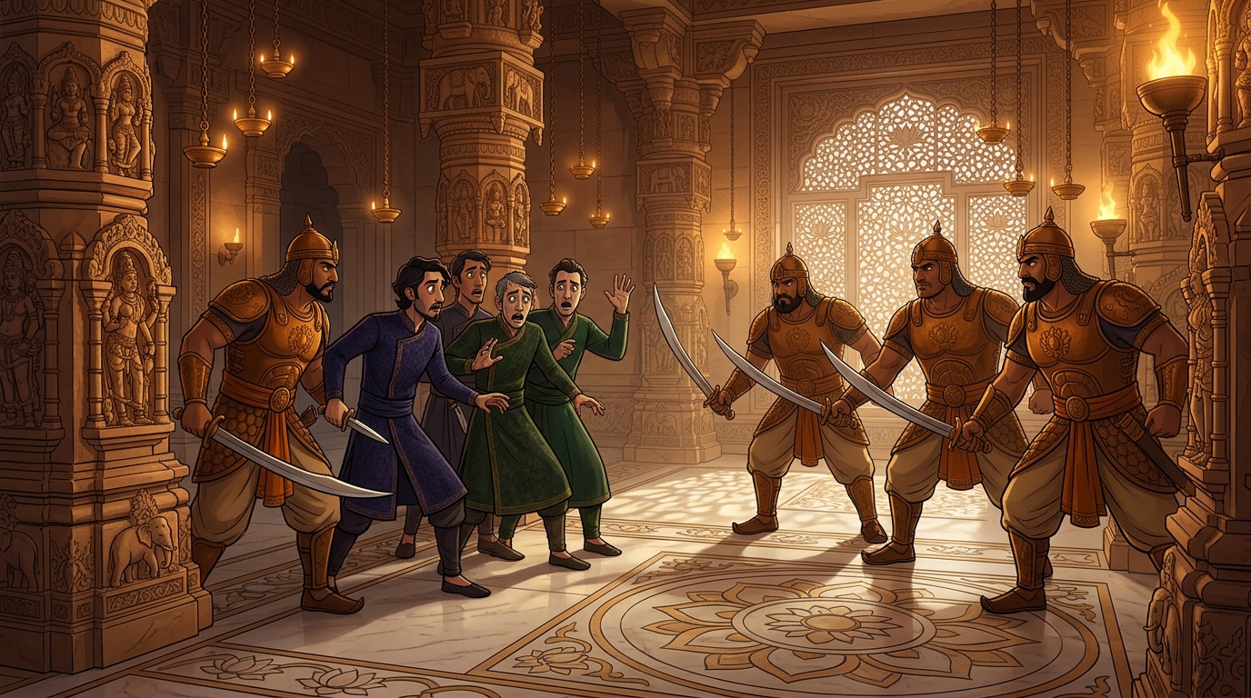 Foreign conspirators turn pale as royal guards draw swords, surrounding saboteurs