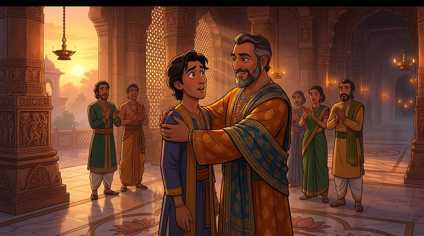 Emperor Yashodharman embraces Rathakara, naming him Master Architect of Royal Arsenal