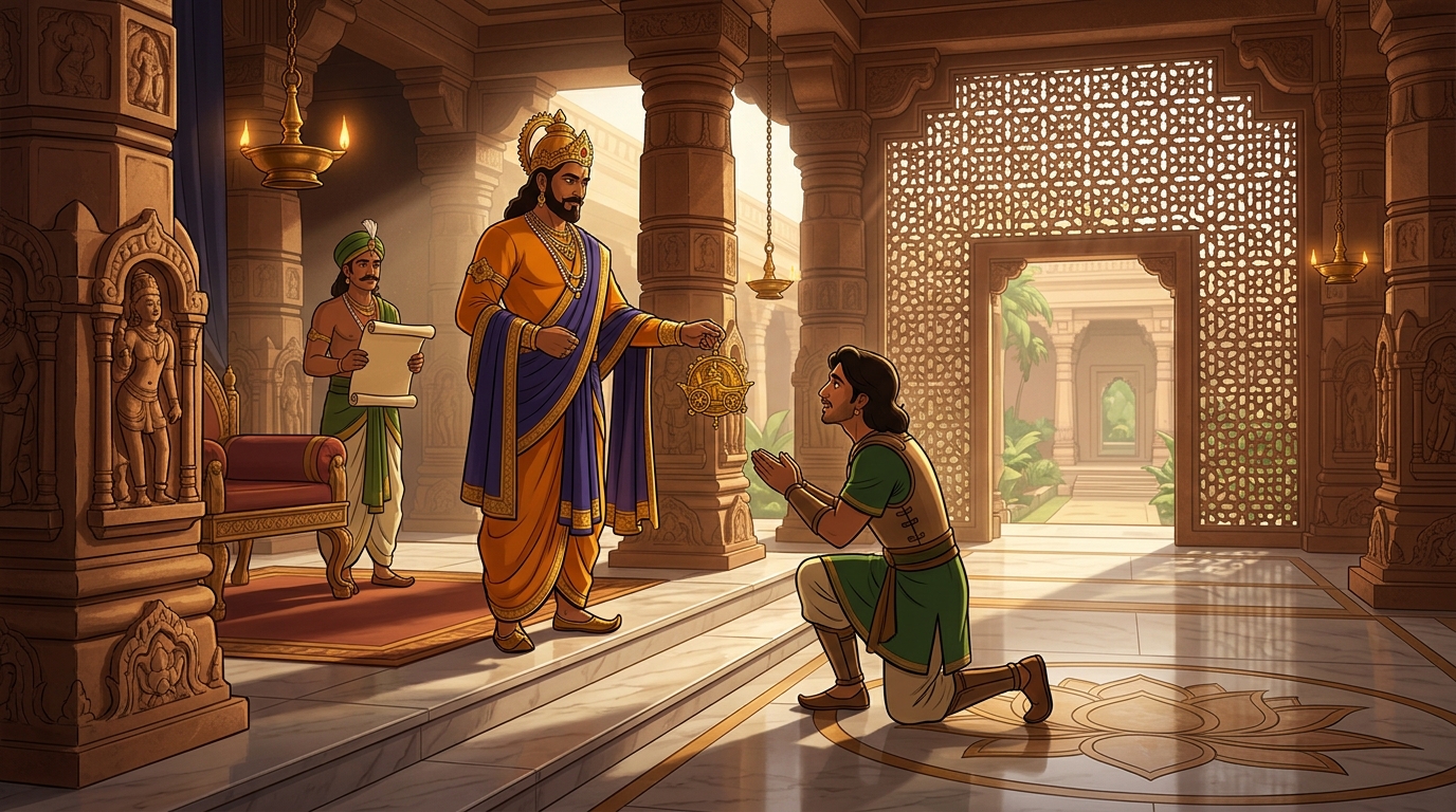 The Emperor awards Rathakara a golden chariot medallion and a hereditary estate