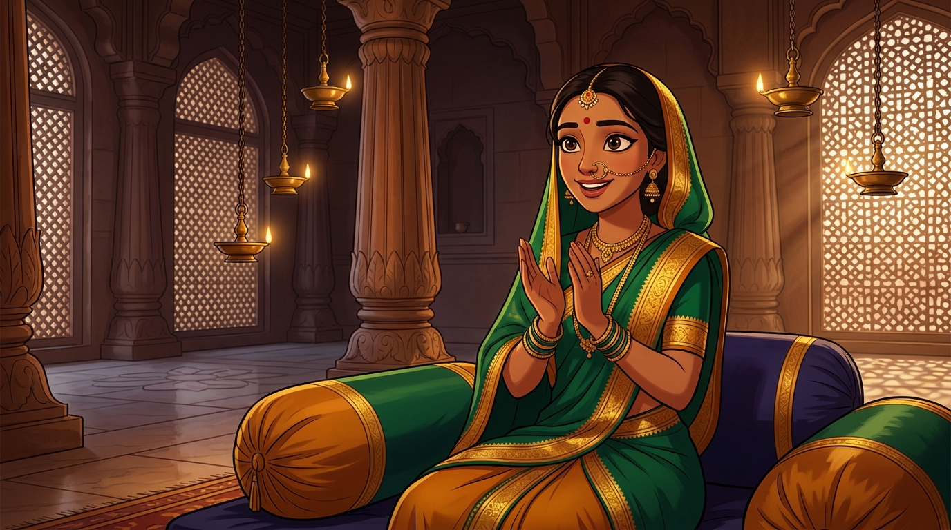 Prabhavati sitting on the bolsters, clapping in wonder at the lesson of the iron axle