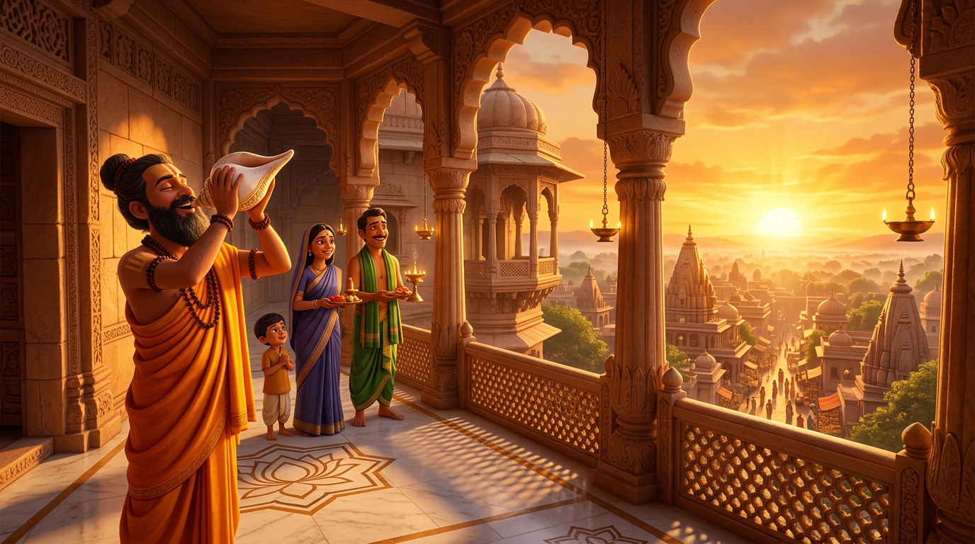 Golden dawn sunlight flooding across the sandstone arches as temple conches sound