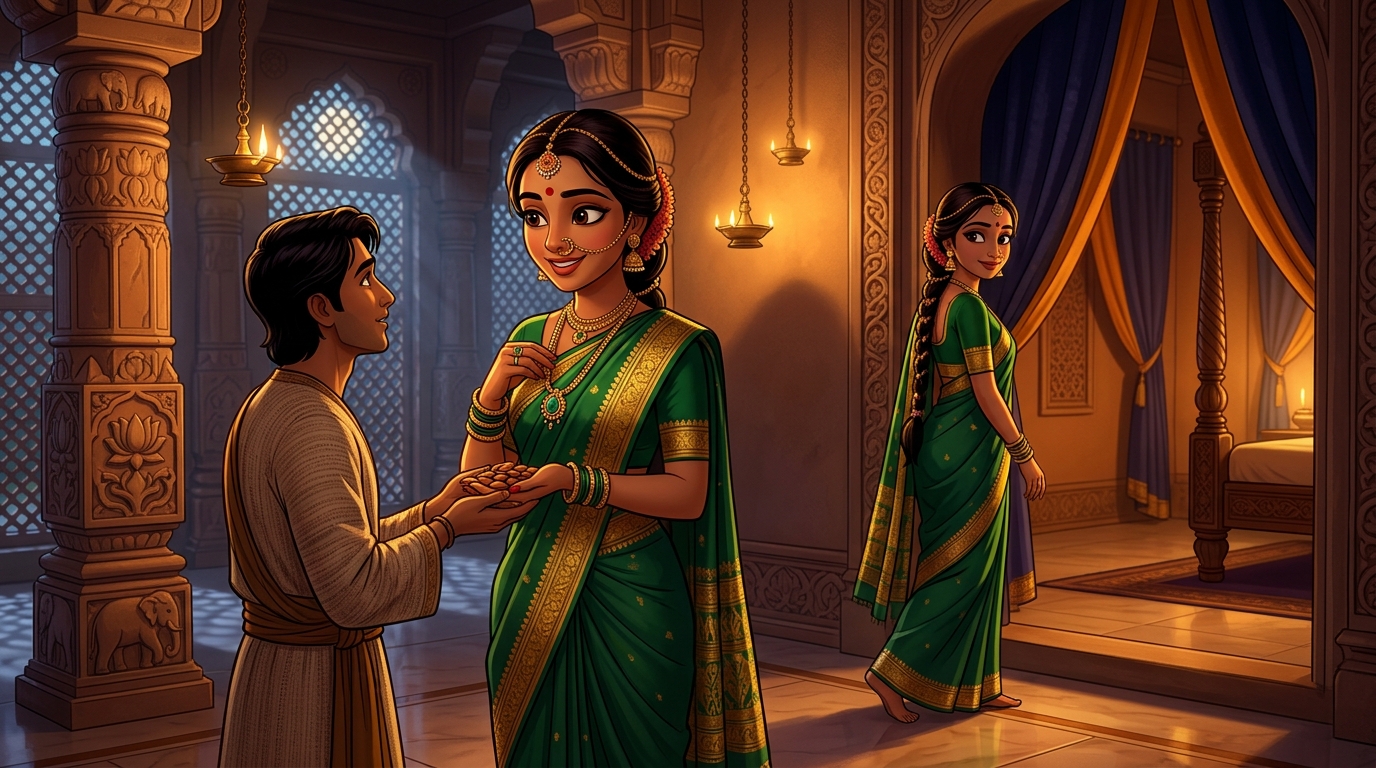 Prabhavati unclasps the emerald pendant, hands Shuka sweet almonds, retreats peacefully