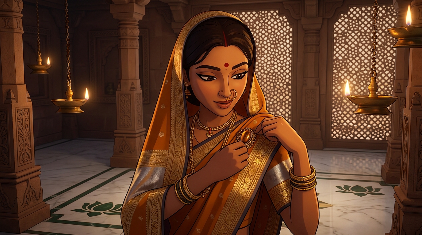 Prabhavati in amber-and-silver silk fastening the tiger-eye brooch onto her shoulder by candlelight