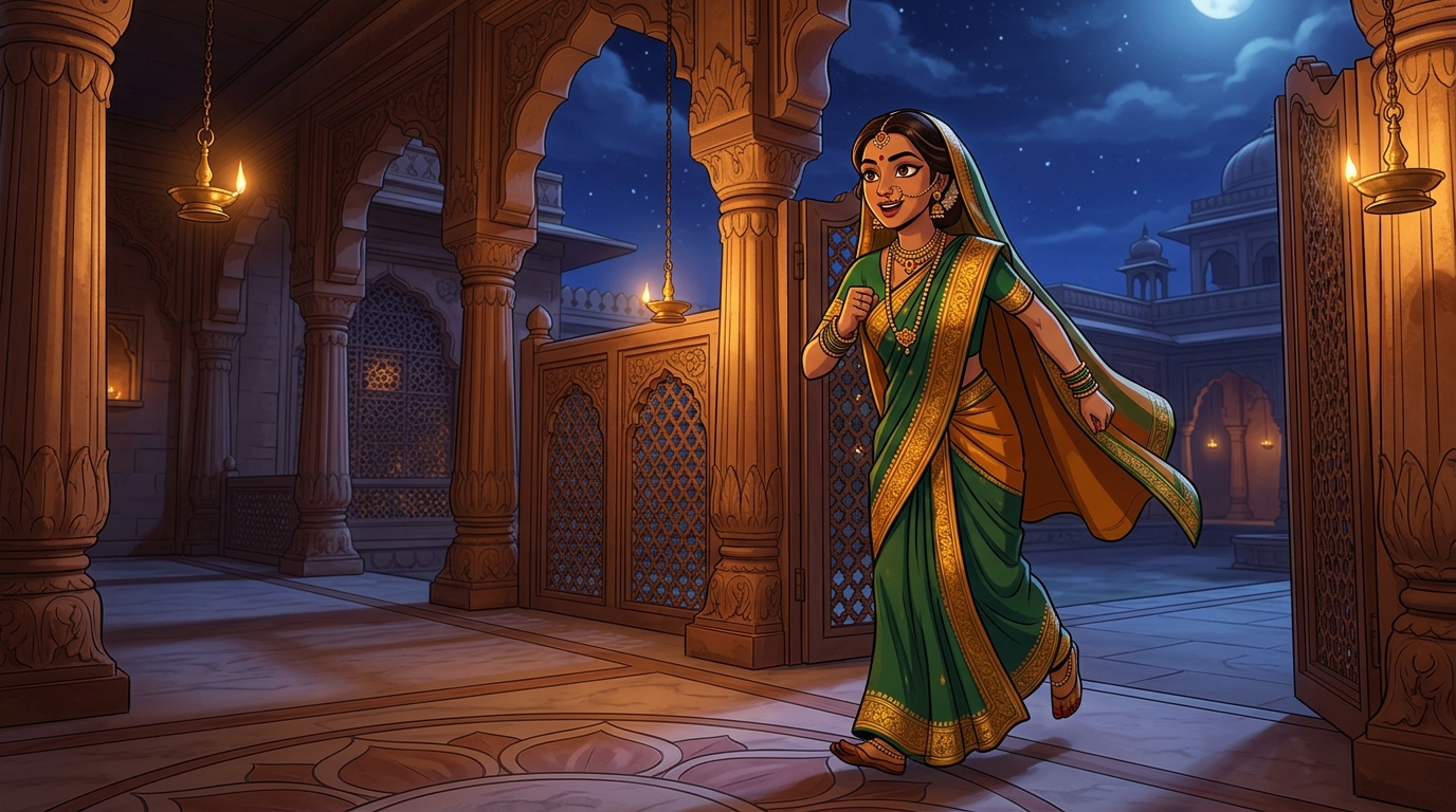 Prabhavati stepping toward the courtyard gate with swift, eager steps under the moonlit sky