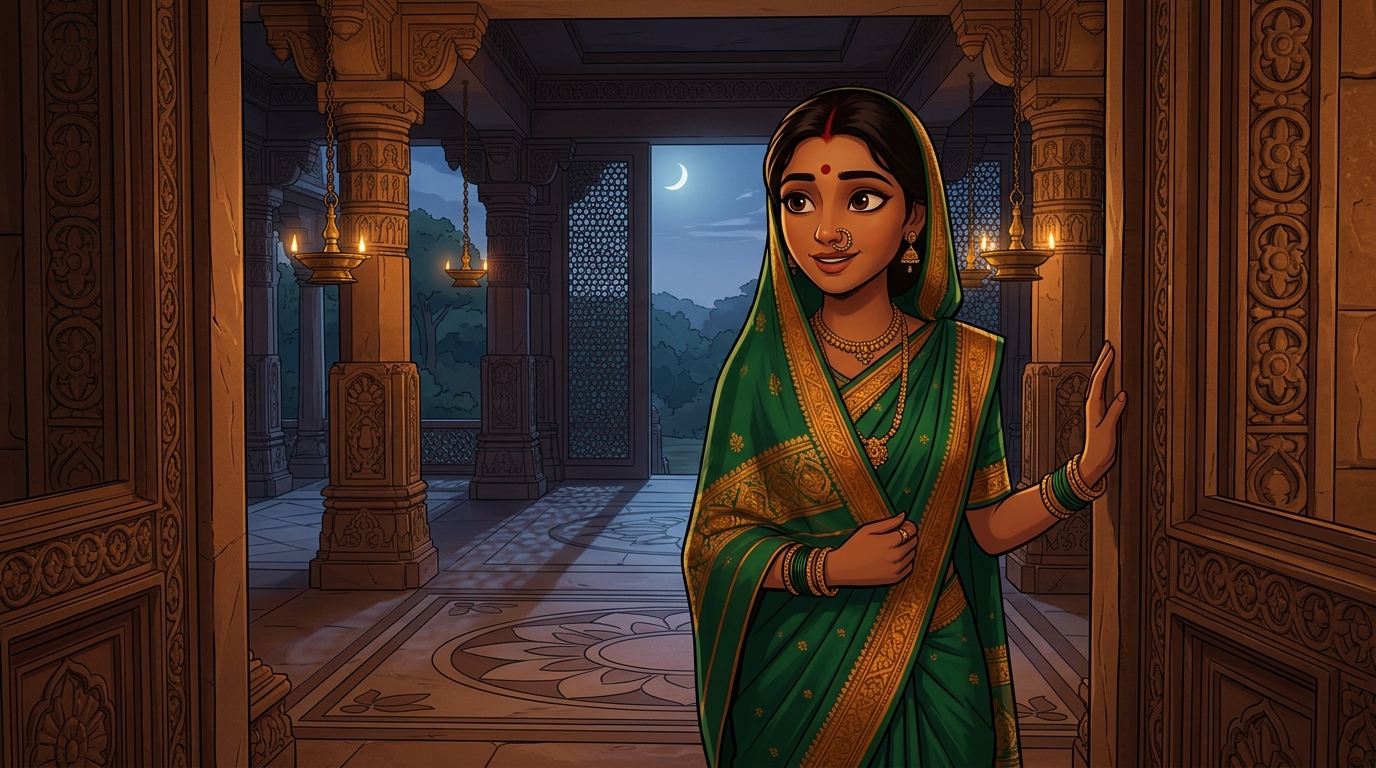 Prabhavati pausing on the doorstep with an amused smile