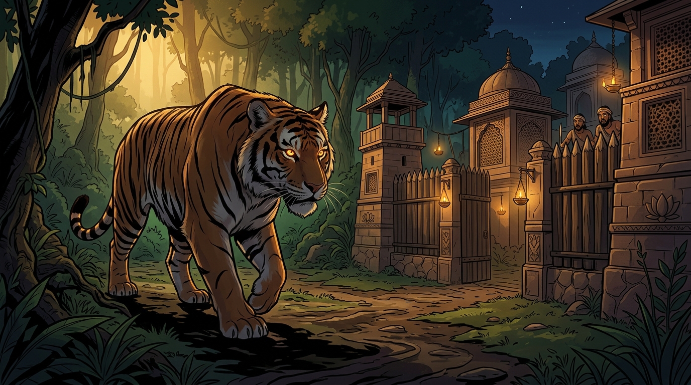 In dense ancient forest of Dandakaranya, a colossal ferocious tigress prowls outside a village