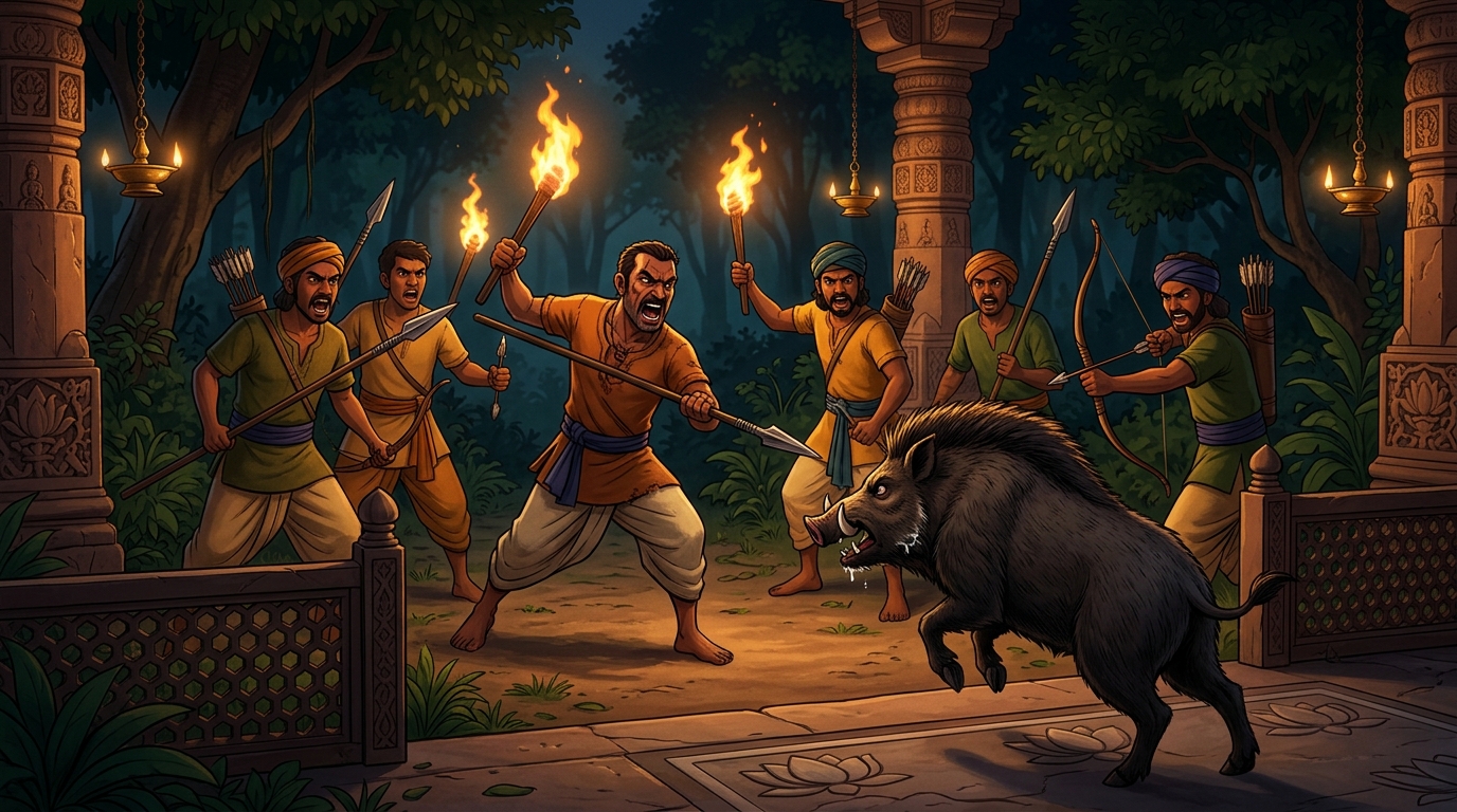 Armed hunters with iron spears, torches, and poisoned arrows shouting aggressively