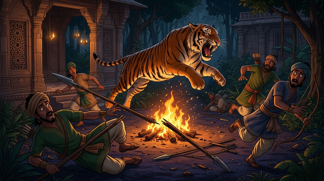 Enraged by fire and weapons, the tigress roars and leaps, scattering terrified hunters