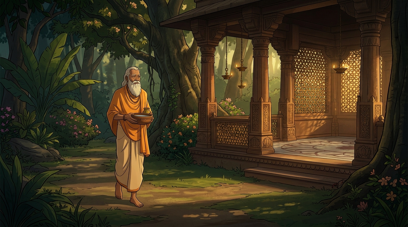 Sage Shanti-Muni walks peacefully into jungle clearing holding only wooden bowl of water and neem balm