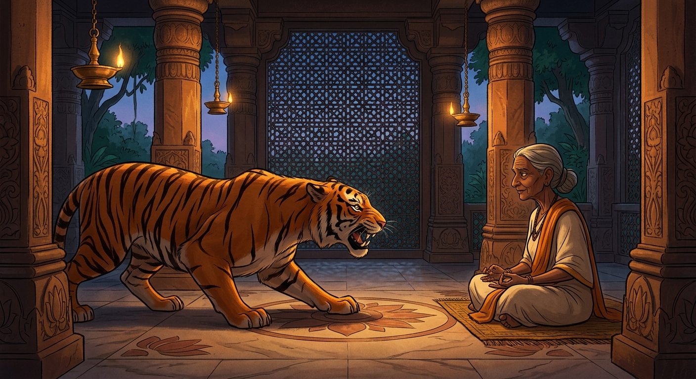 The tigress snarls; Shanti-Muni looks into her eyes with deep motherly compassion